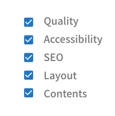 Các hạng mục kiểm chứng hàng loạt gồm Quality, Accessibility, SEO, Layout và Contents